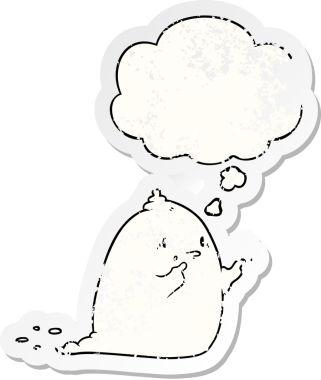 Düşünce baloncuğu olan karikatür hayaleti bir insan tarafından çizilmiş yıpranmış bir çıkartma.