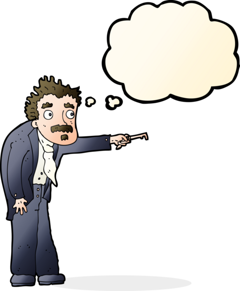 Bir insan tarafından çizilmiş düşünce baloncuğuyla anahtarla titreyen çizgi film adamı.