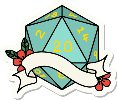 Bir insan tarafından çizilmiş 20 D20 zarının çıkartması.