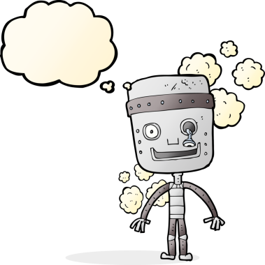 Bir insan tarafından çizilmiş düşünce baloncuklu komik robot.