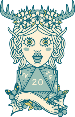 Retro Dövme Tarzı Elf Karakteri Bir insan tarafından çizilmiş doğal yirmi zar ile