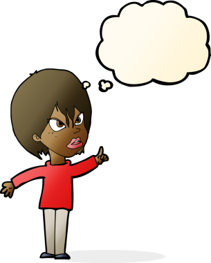 Bir insan tarafından çizilmiş düşünce baloncuğuyla tartışan çizgi film kadını.