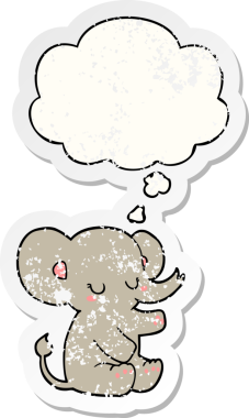 Düşünce baloncuğu olan karikatür fili insan tarafından çizilmiş yıpranmış bir çıkartma gibi.