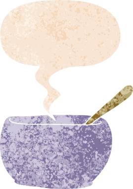 çizgi film çorba kasesi konuşma baloncuğu ile grunge sıkıntılı retro tarzı bir insan tarafından çizilmiş