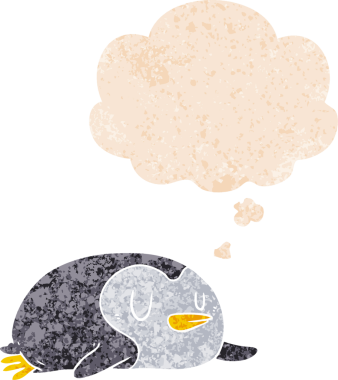 Düşünce baloncuğu olan karikatür pengueni bir insan tarafından çizilmiş dertli retro desenli.