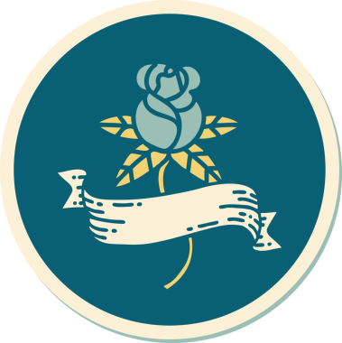 Bir insan tarafından çizilmiş gül ve pankartın geleneksel stiliyle dövme çıkartması.