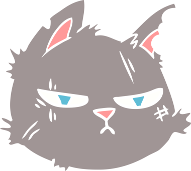 Bir insan tarafından çizilmiş düz renk çizgi film sert kedi yüzü