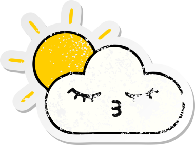 Sevimli bir çizgi film yıldızının sıkıntılı çıkartması ve bir insan tarafından çizilmiş bulut.