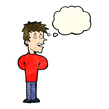 Bir insan tarafından çizilmiş düşünce balonlu mutlu adam çizgi filmi.