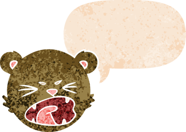 Bir insan tarafından çizilmiş grunge sıkıntılı retro tarzı konuşma baloncuğu ile sevimli oyuncak ayı yüzlü çizgi film