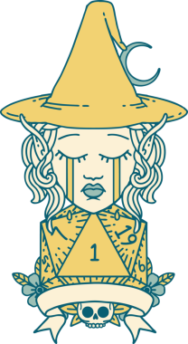 Retro Dövme Tarzı Ağlayan Elf Büyücüsü Karakteri Bir insan tarafından çizilmiş doğal bir zar ile