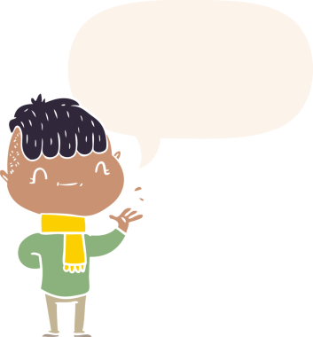 Bir insan tarafından çizilmiş eski moda konuşma balonu olan çizgi film dostu bir çocuk.