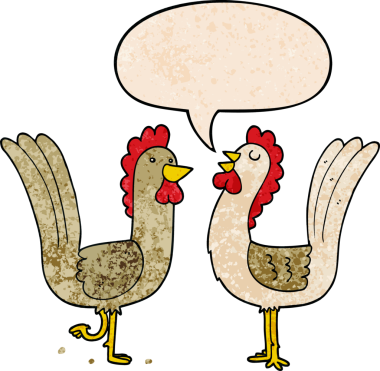 Çizgi film tavukları, konuşma baloncuğu ve insan tarafından çizilmiş retro doku.