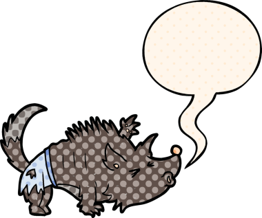 Bir insan tarafından çizilmiş çizgi roman tarzı konuşma balonu olan cadılar bayramı kurtadamı çizgi filmi.