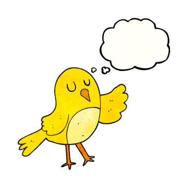 Bir insan tarafından çizilmiş serbest çizim düşünce kabarcığı desenli çizgi film kuşu