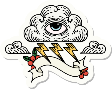 Bir insan tarafından çizilmiş her şeyi gören bir göz bulutu dövmesi stili çıkartması