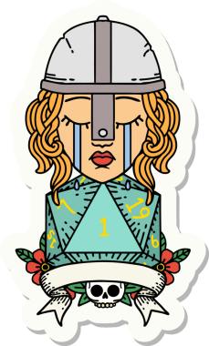 Ağlayan bir insan dövüşçüsünün çıkartması. Bir insan tarafından çizilmiş doğal bir D20 zarı var.