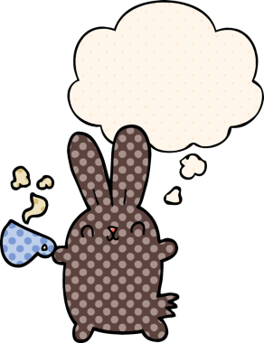 Bir insan tarafından çizilmiş düşünce baloncuklu kahve fincanı olan sevimli çizgi film tavşanı.