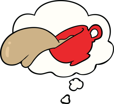 Bir insan tarafından çizilmiş düşünce baloncuklu kahve fincanı.