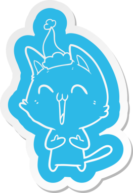 Bir insan tarafından çizilmiş Noel Baba şapkası takan bir kedinin komik çizgi film çıkartması.