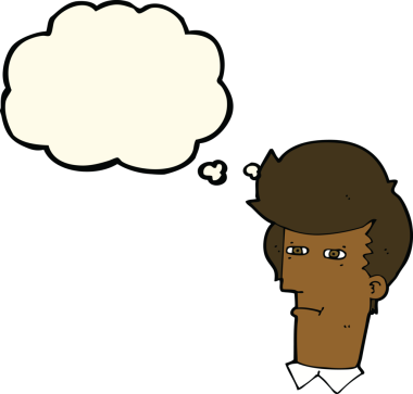 Bir insan tarafından çizilmiş düşünce baloncuğuyla gözlerini kısarak bakan çizgi film adamı.