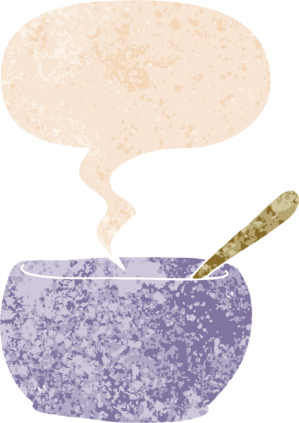 çizgi film çorba kasesi konuşma baloncuğu ile grunge sıkıntılı retro tarzı bir insan tarafından çizilmiş