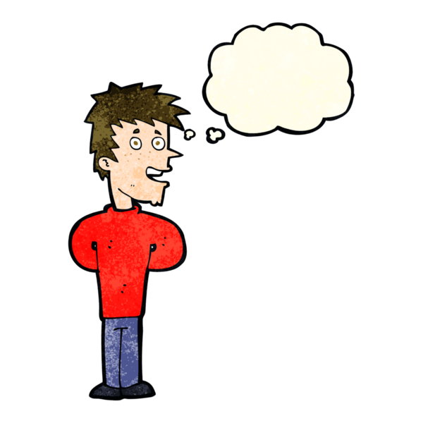 Bir insan tarafından çizilmiş düşünce balonlu mutlu adam çizgi filmi.