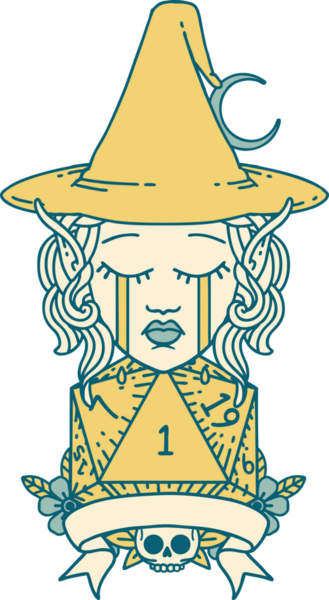 Retro Dövme Tarzı Ağlayan Elf Büyücüsü Karakteri Bir insan tarafından çizilmiş doğal bir zar ile