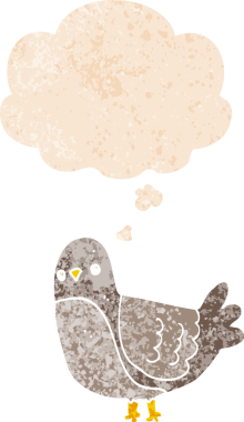 Düşünce baloncuğu ve grunge ile çizgi film kuşu bir insan tarafından çizilmiş sıkıntılı retro tarzı