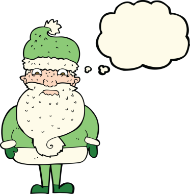 Huysuz Noel Baba çizgi filmi. Düşünce baloncuğu insan tarafından çizilmiş.