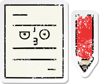 Bir insan tarafından çizilmiş şirin bir çizgi film test kağıdının sıkıntılı çıkartması.