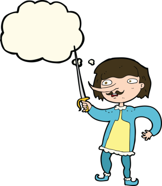 Bir insan tarafından çizilmiş düşünce balonlu kılıçlı bir karikatür adam.