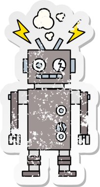 Bir insan tarafından çizilmiş arızalı bir robot çizgi film çıkartması.