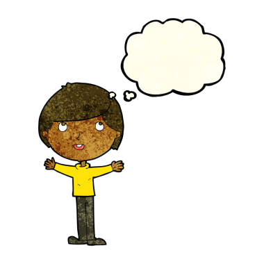 Bir insan tarafından çizilmiş düşünce balonu olan mutlu çocuk çizgi filmi.