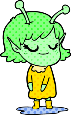 Bir insan tarafından çizilmiş ıslak havada gülümseyen uzaylı kız çizgi filmi.