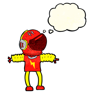 Bir insan tarafından çizilmiş düşünce baloncuklu astronot.