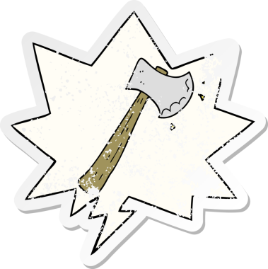 Konuşma balonlu bir balta, bir insan tarafından çizilmiş sıkıntılı eski bir çıkartma.