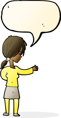 Bir insan tarafından çizilmiş konuşma balonuyla hareket eden karikatür kadın.