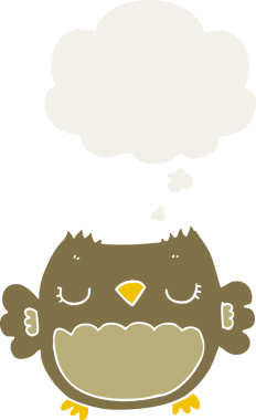 Bir insan tarafından çizilmiş düşünce baloncuğu olan sevimli çizgi film baykuşu.