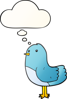 Düşünce baloncuğu olan çizgi film kuşu bir insan tarafından çizilmiş.