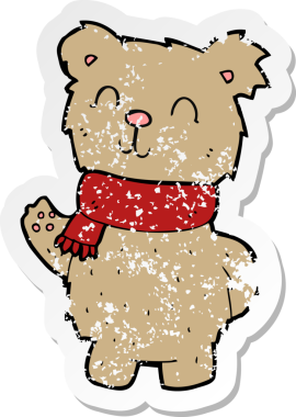 Bir insan tarafından çizilmiş oyuncak ayı sallayan bir çizgi filmin gerilimli retro yapıştırması.