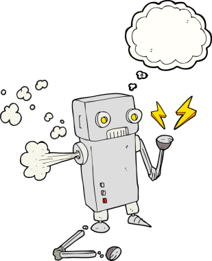 Serbest çizim düşünce balonu karikatürü bir insan tarafından çizilmiş bozuk robot.