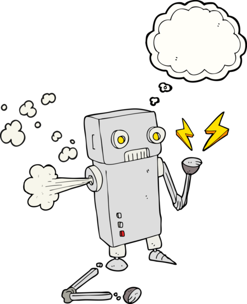 Serbest çizim düşünce balonu karikatürü bir insan tarafından çizilmiş bozuk robot.