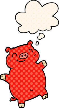 Çizgi roman tarzında bir insan tarafından çizilmiş düşünce baloncuklu bir domuz.