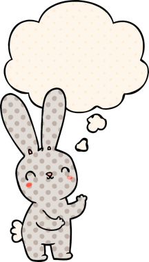 Bir insan tarafından çizilmiş çizgi roman tarzı düşünce baloncuğu olan sevimli çizgi film tavşanı.