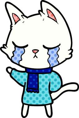 Bir insan tarafından çizilmiş kışlık giysiler içindeki ağlayan çizgi film kedisi.