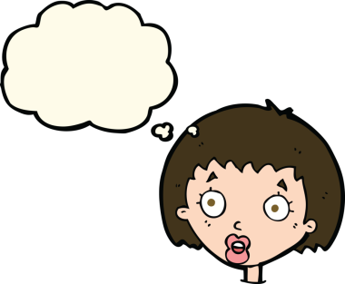 Bir insan tarafından çizilmiş düşünce baloncuğuyla kadın yüzünü şaşırtan çizgi film.