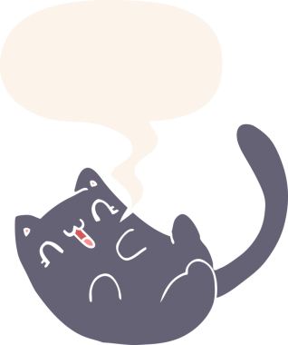 Konuşma baloncuğu olan çizgi film kedisi insan tarafından çizilmiş.