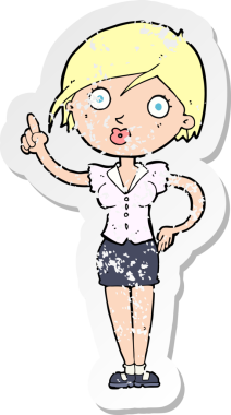 Bir insan tarafından çizilmiş, karikatürlü, kederli, güzel bir kadının retro yapıştırması.