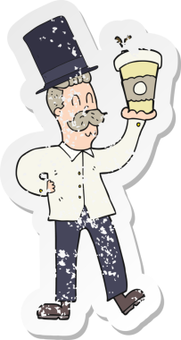 Bir insan tarafından çizilmiş kahve fincanı olan karikatürcü adamın gerilimli retro yapıştırması.